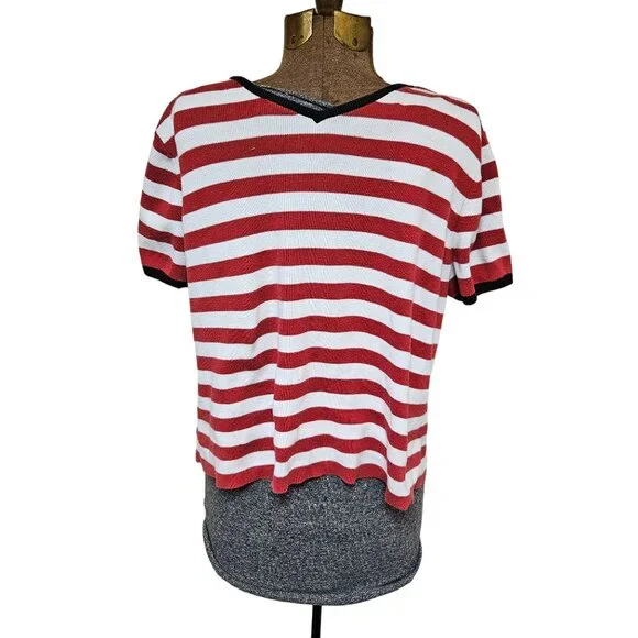 Christopher Banks Womens Top Red White Striped V Neck Cotton Sweater XL - Picture 3 of 8